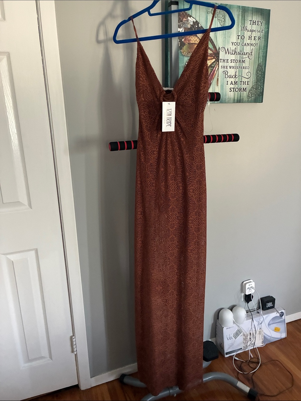 12th Tribe Brown Crochet V-Neck Slip Dress - Picture 2 of 7